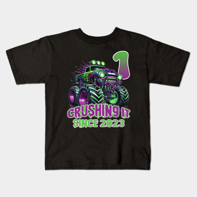 Monster Truck Birthday Tee 1st Birthday Boy Gift Awesome Since 2023 Tee Custom Monster Truck Tee Kids T-Shirt by inksplashcreations